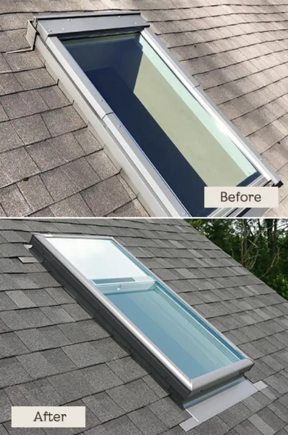 Skylight replacement before and after.
