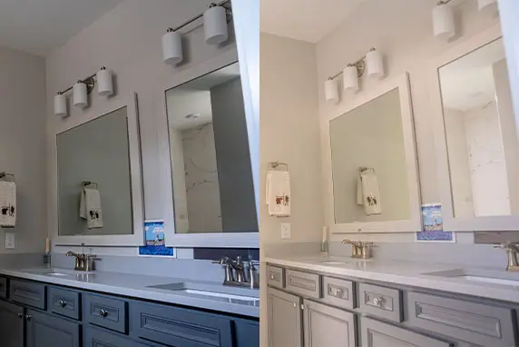A before and after comparison of bathroom lighting after installing a Sun Tunnel Skylight. The before image shows a dimly lit bathroom with no natural light. The after image shows the same bathroom brightly lit with natural light coming from the newly installed Sun Tunnel Skylight.